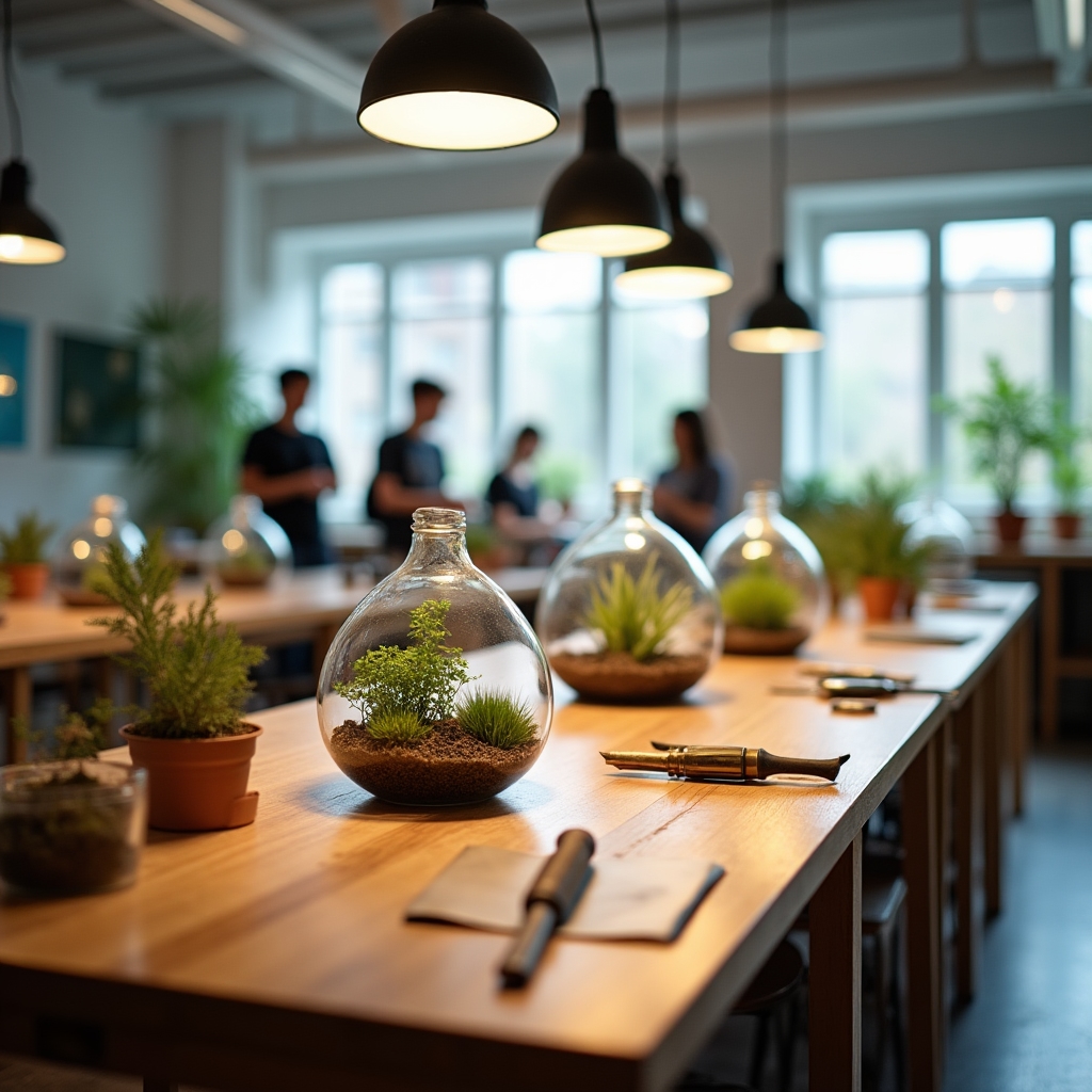 Aula taller con mesas de trabajo y terrarios en Donostia