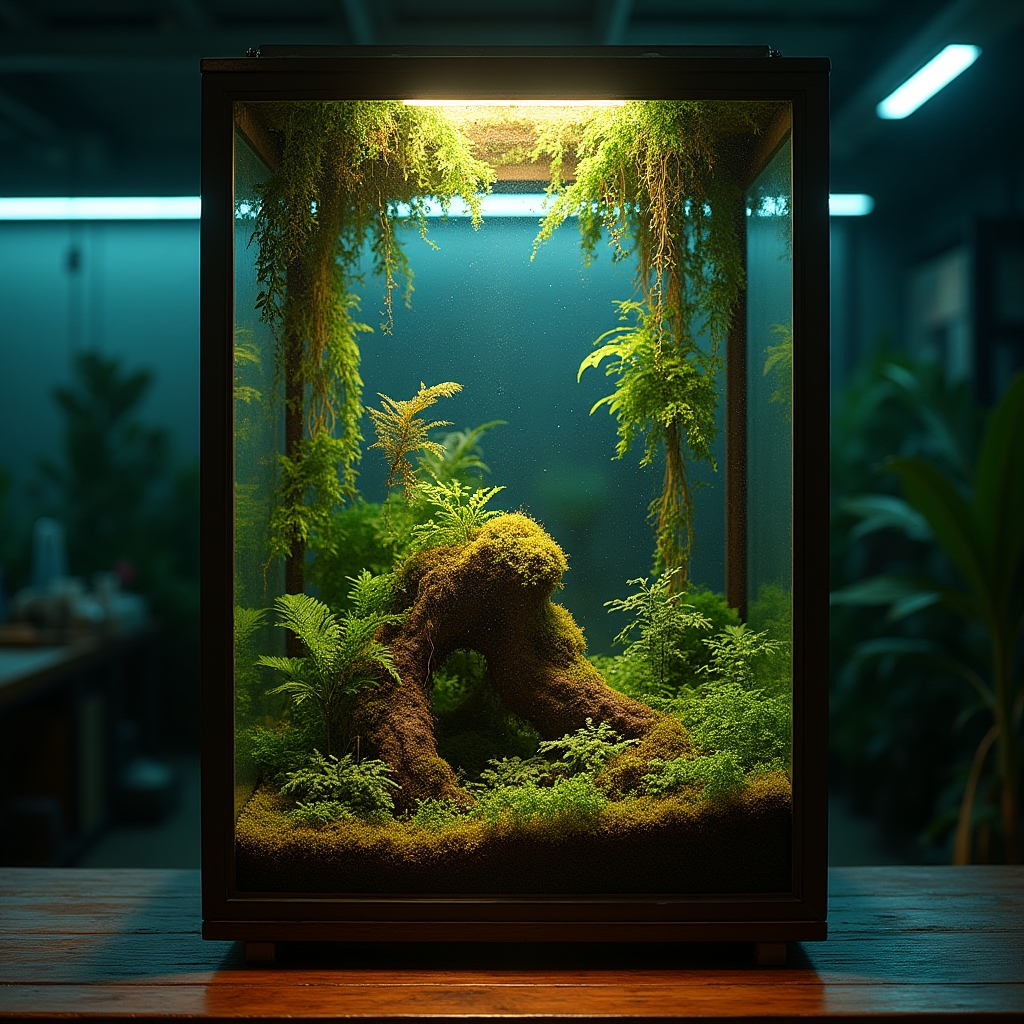 Terrario tropical iluminado con musgo, helechos y niebla suave sobre las hojas